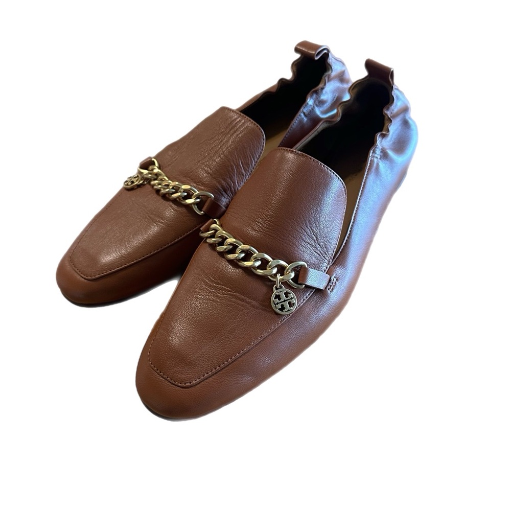 Tory Burch Brown Leather Slip-Ons with Gold Chain